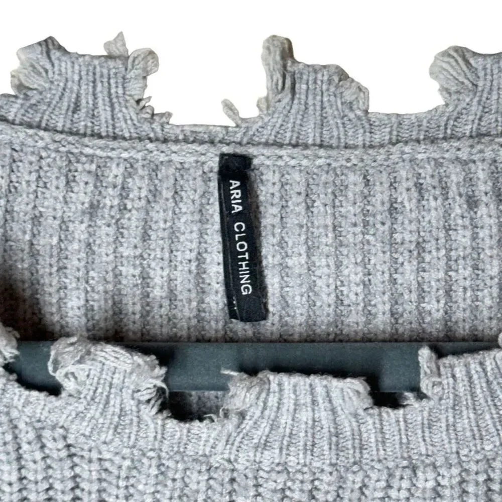 Aria Clothing Cropped Distressed Hem Sweater in Grey Ribbing S